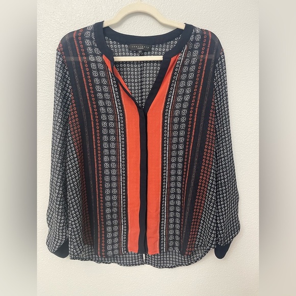 Sanctuary Tribal Border Print Cafe Long Sleeve Roll Tab Blouse Size L - Picture 3 of 10